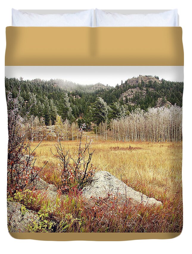 Fall Yellow Weeds Red Oak Frost Fog Pine Trees Rocks Field Trails Mountaion Peak Deer Elk Moose Sheep Duvet Cover featuring the photograph Falls Last Days by James Steele