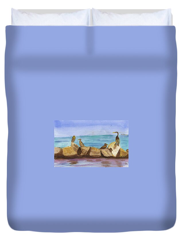 Birds Duvet Cover featuring the painting Falmouth Mass by Donna Walsh