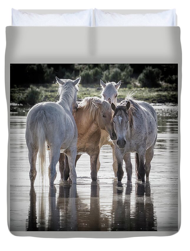 Wild Horses Duvet Cover featuring the photograph Family Time Sq by Belinda Greb