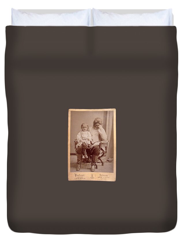 Famous Russian Sideshow Performer Jo-jo The Dog-faced Boy Sitting With His Father; Ca. 1875 Duvet Cover featuring the painting Famous Russian sideshow performer Jo-Jo the Dog-Faced Boy by Celestial Images