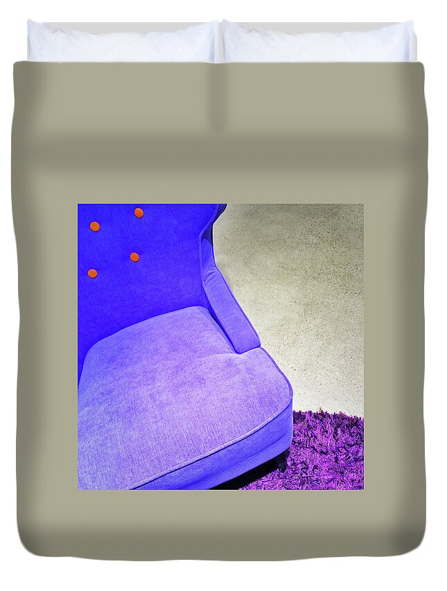 Armchair Duvet Cover featuring the photograph Fancy blue armchair on purple carpet by GoodMood Art