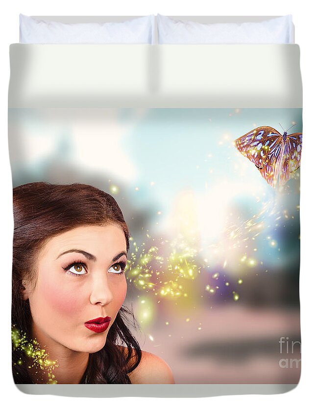 Background Duvet Cover featuring the photograph Fantasy fine art beauty. Fairy tale butterflies by Jorgo Photography