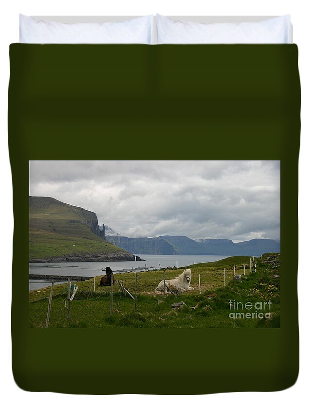 Scenery Duvet Cover featuring the photograph Faroe Islands Horses by Susanne Baumann