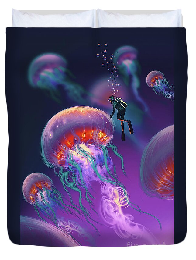 Acrylic Painting Duvet Cover featuring the painting Fantasy Underworld by Tithi Luadthong
