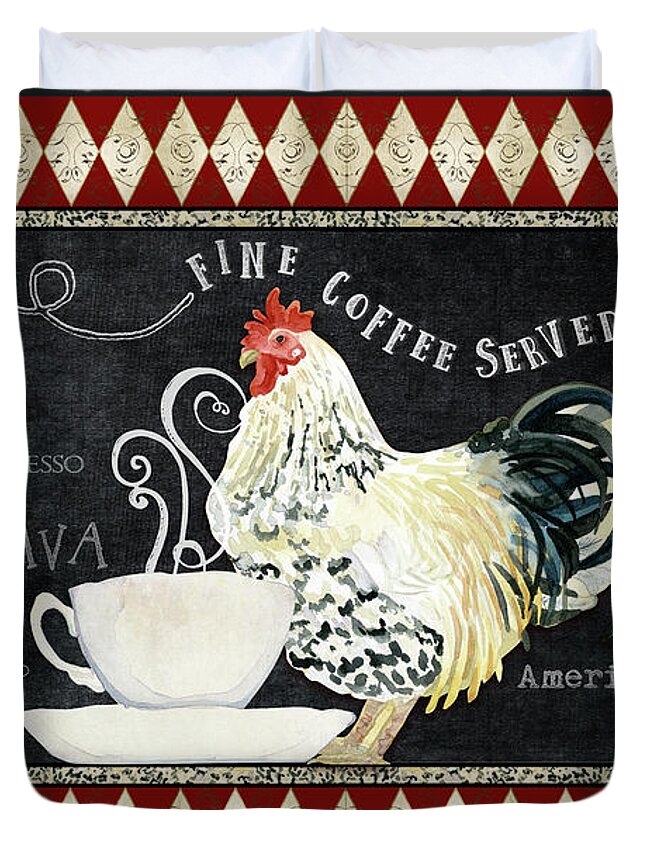 Coffee Cup Duvet Cover featuring the painting Farm Fresh Rooster 5 - Coffee Served Chalkboard Cappuccino Cafe Latte by Audrey Jeanne Roberts
