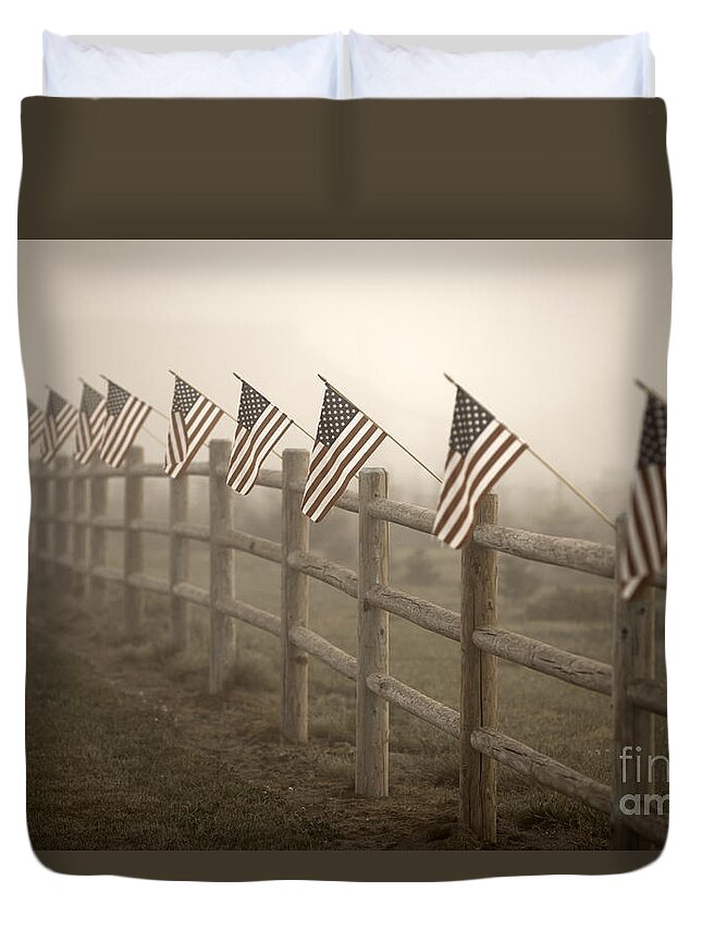 American Flag Duvet Cover featuring the photograph Farm With Fence And American Flags by Jim Corwin