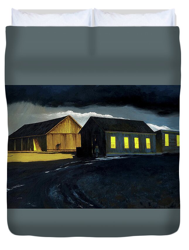 Storm Duvet Cover featuring the painting Farm Yard with Moonlight and Rain by Lynn Hansen