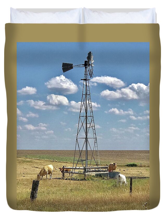 Driving On A Country Road In Kansas I Saw This Scene. Had To Stop To Take A Pic. Cows Duvet Cover featuring the photograph Farmlife memories by Shirley Heier