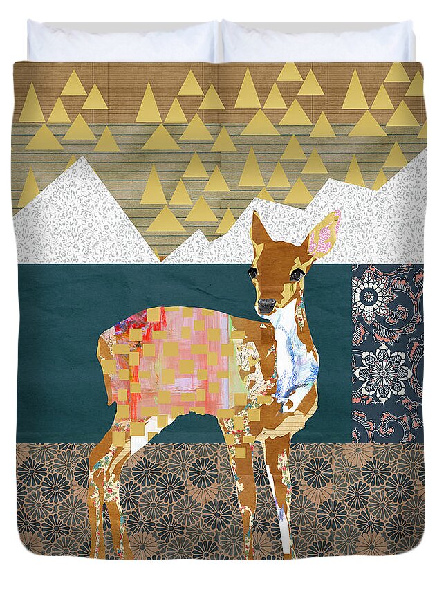 Fawn Collage Duvet Cover featuring the mixed media Fawn Collage by Claudia Schoen