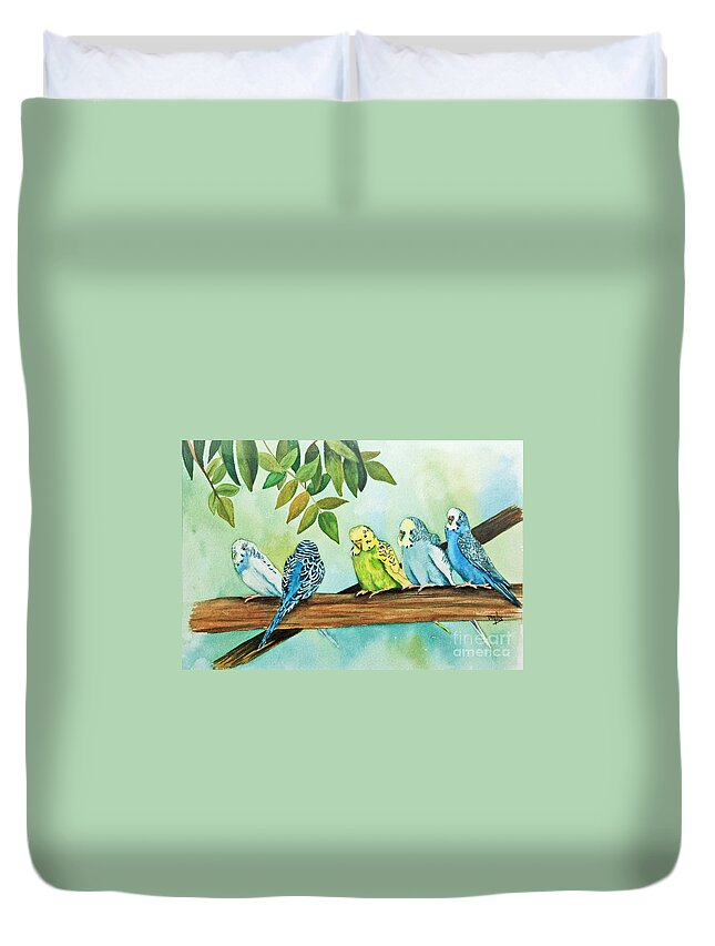 Watercolor Duvet Cover featuring the painting Feathered Friends by Terri Mills
