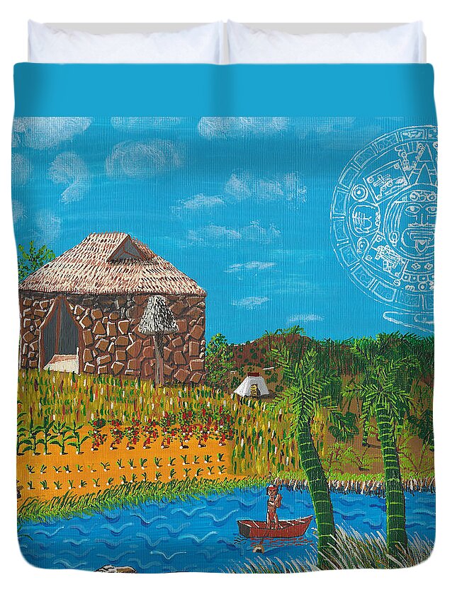 Aztec Duvet Cover featuring the painting February Mayan Farm by Paul Fields