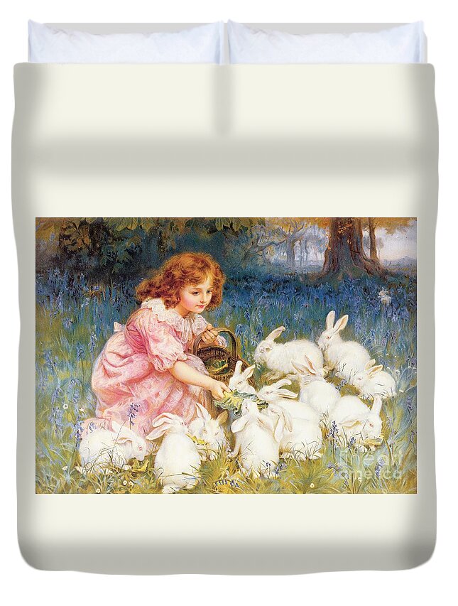 Feeding Duvet Cover featuring the painting Feeding the Rabbits by Frederick Morgan