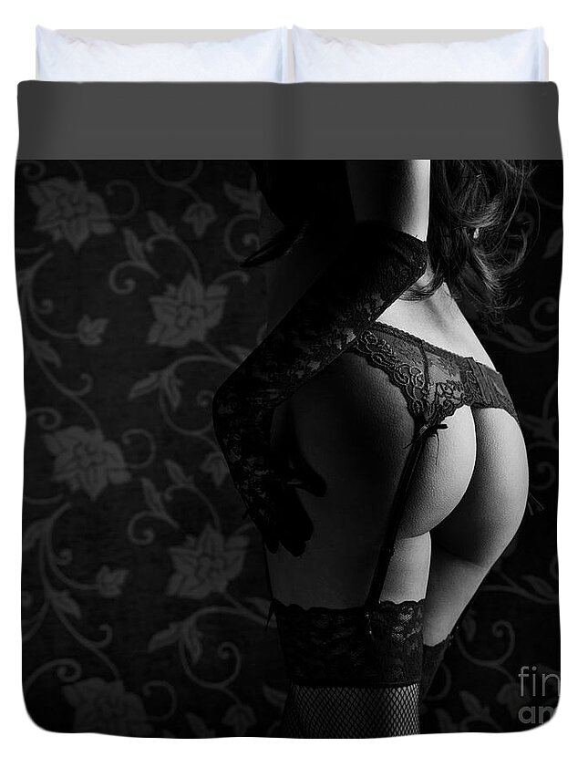 Woman Duvet Cover featuring the photograph Female lingerie Black and white by Jelena Jovanovic