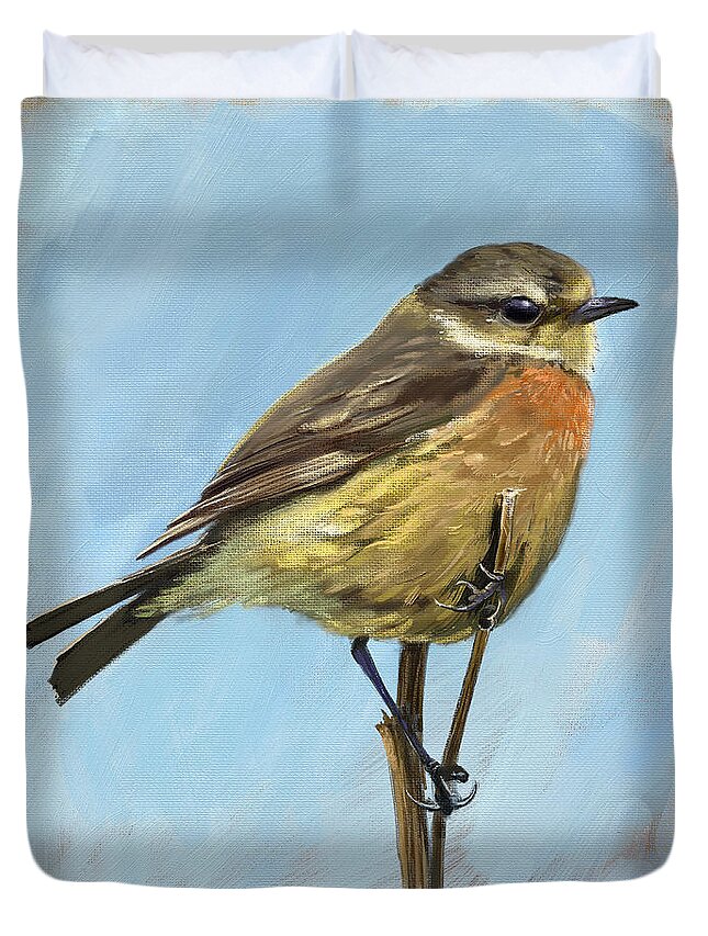 Stonechat Duvet Cover featuring the painting Female Stonechat by Arie Van der Wijst