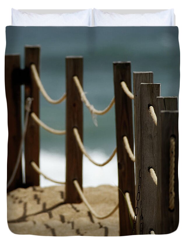 Fence Duvet Cover featuring the photograph Fence Along the Beach by Julie Niemela