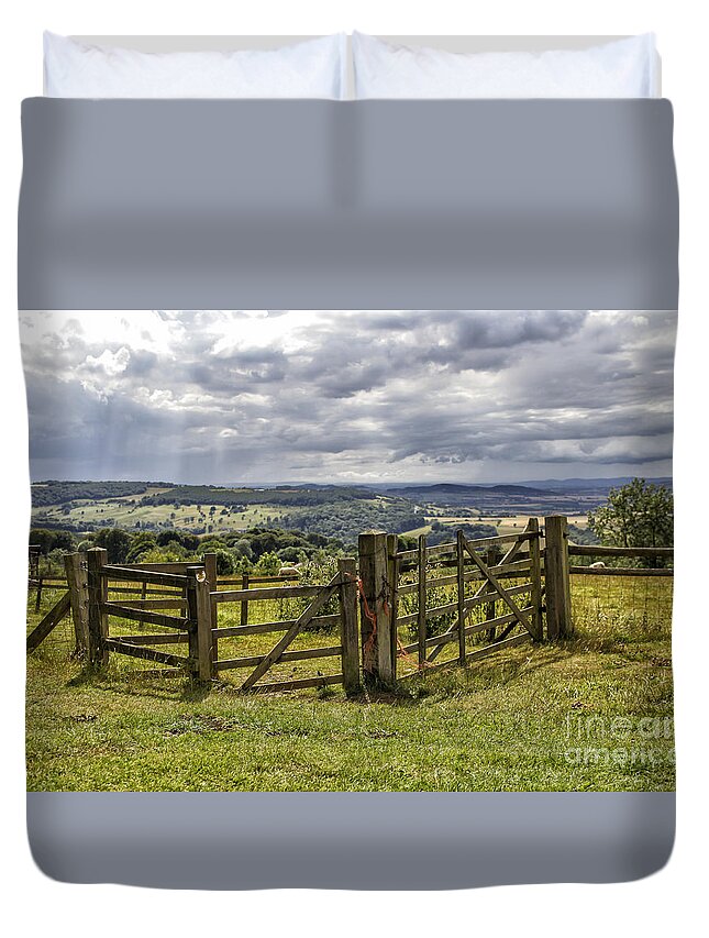 English Duvet Cover featuring the photograph Fence in beautiful Cotswalds landscape by Patricia Hofmeester