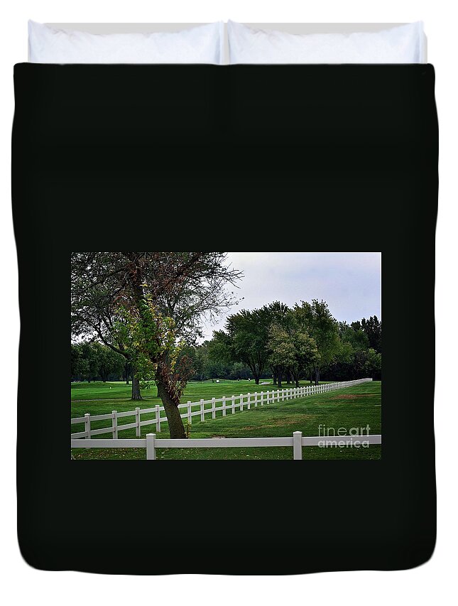 Frank J Casella Duvet Cover featuring the photograph Fence on the Wooded Green by Frank J Casella