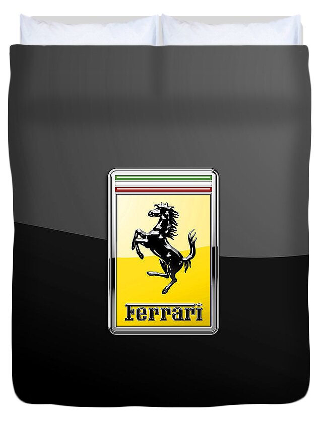 �auto Badges� Collection By Serge Averbukh Duvet Cover featuring the photograph Ferrari 3D Badge- Hood Ornament on Black by Serge Averbukh