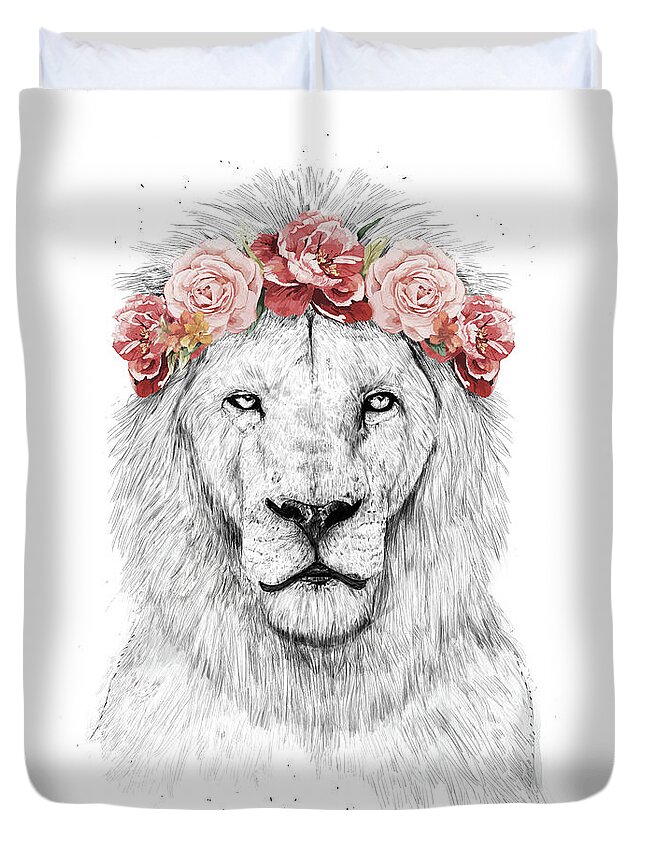 Lion Duvet Cover featuring the drawing Festival lion by Balazs Solti