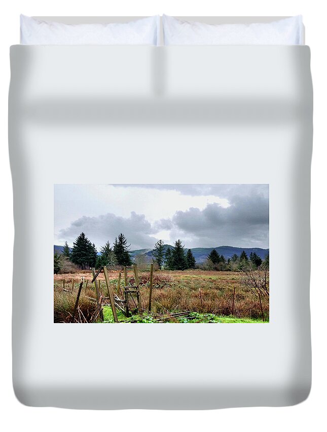 A Slight Mist Or Fog Veils Parts Of Distant Hills Beneath Troubled Skies. Duvet Cover featuring the photograph Field, Clouds, Distant Foggy Hills by Chriss Pagani