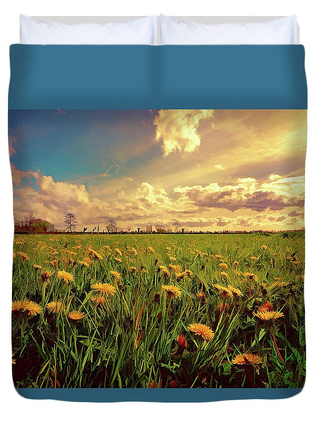 Field Duvet Cover featuring the painting Field of Dandelions at Sunset by Elaine Plesser