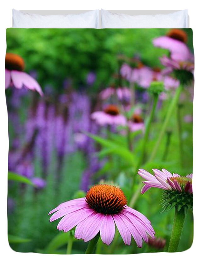 Photograph Duvet Cover featuring the photograph Field of Purple Cone Flowers and Blazing Star Flowers by M E