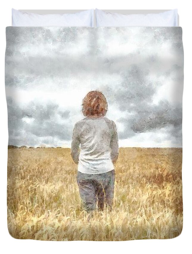 Woman Duvet Cover featuring the painting Fields of Gold by Edward Fielding