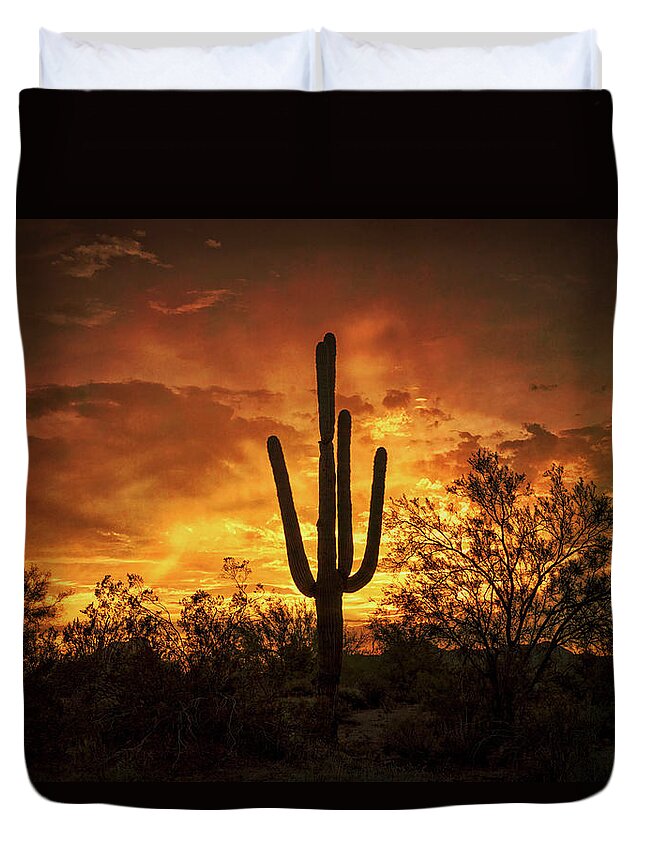 Saguaro Sunset Duvet Cover featuring the photograph Fiery Desert Skies by Saija Lehtonen
