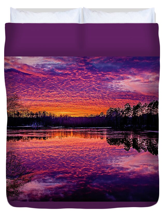 Sun Duvet Cover featuring the photograph Fiery Red Sunset Over A Lake by Alex Grichenko