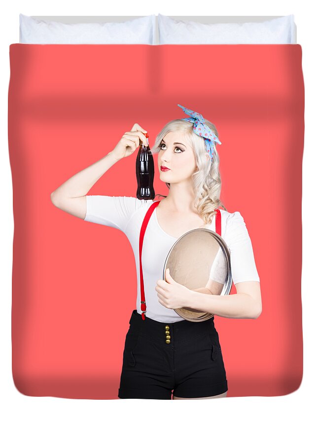 Food Duvet Cover featuring the photograph Fifties diner pin-up waiter serving soft drink by Jorgo Photography