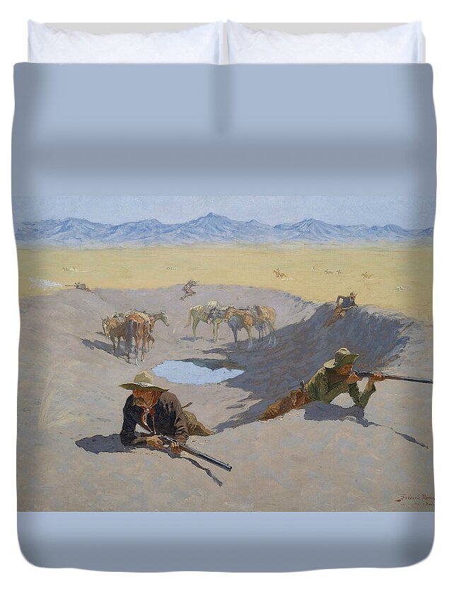 Frederic Remington Duvet Cover featuring the painting Fight for the Waterhole by Frederic Remington