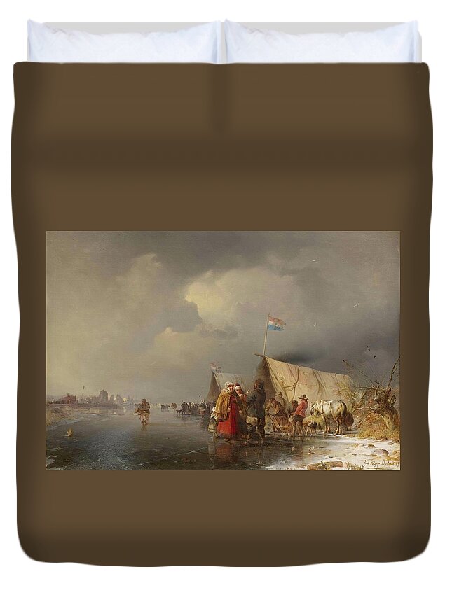Hilgers Duvet Cover featuring the painting Figures by a frozen lake before a town by MotionAge Designs