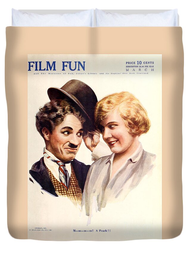 Film Duvet Cover featuring the painting Film Fun Classic Comedy Magazine Featuring Charlie Chaplin and Girl 1916 by Vintage Collectables