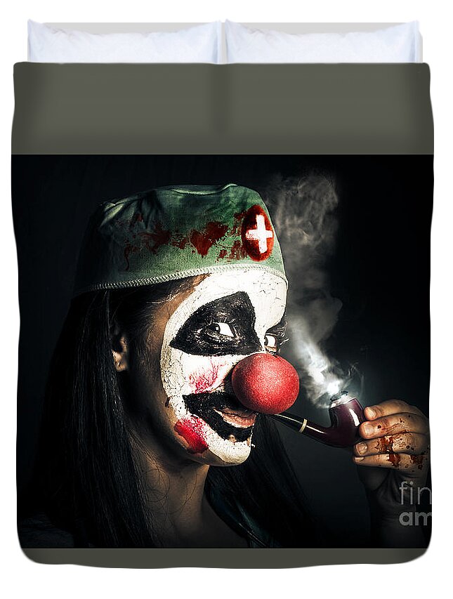 Clown Duvet Cover featuring the photograph Fine art horror portrait. Smoking surgeon clown by Jorgo Photography