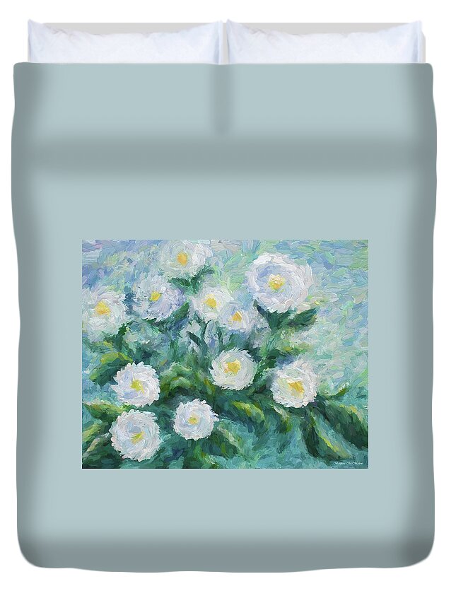 White Flowers Painted On A Periwinkle And Green Background Duvet Cover featuring the painting Finger Painted Garden Flowers by Barbara McMahon