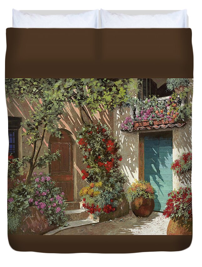 Flowers Duvet Cover featuring the painting Fiori In Cortile by Guido Borelli