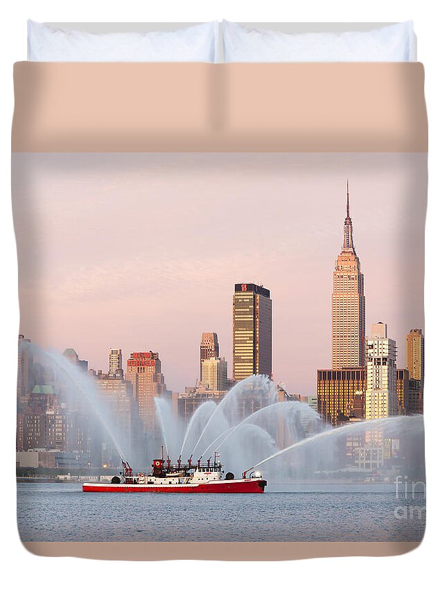 Clarence Holmes Duvet Cover featuring the photograph Fire Boat and Manhattan Skyline I by Clarence Holmes