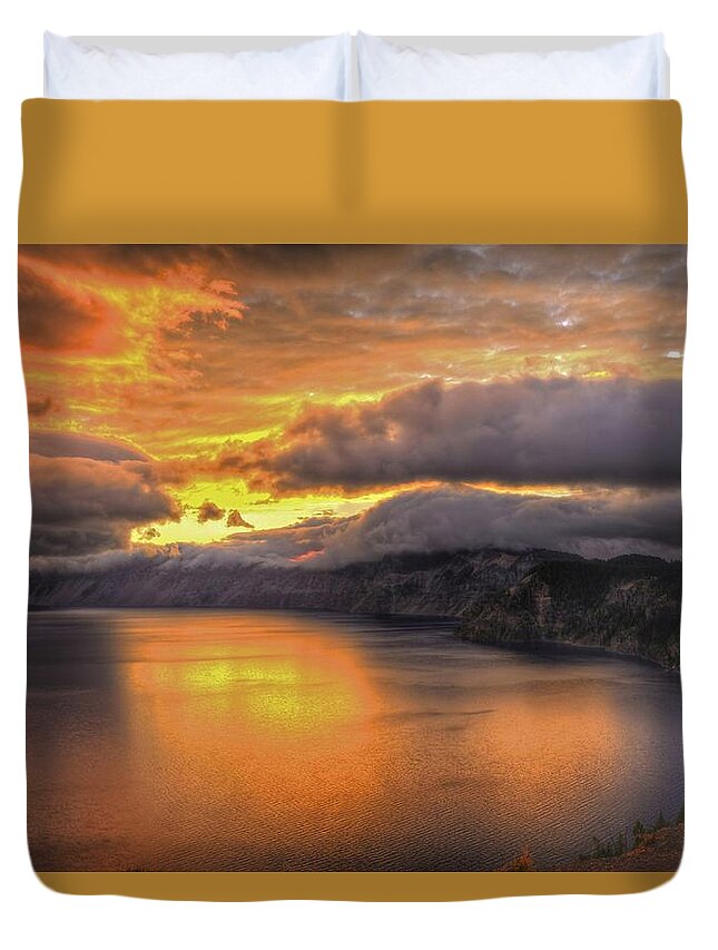 Crater Lake National Park Duvet Cover featuring the photograph Fire in the Lake #1 by Don Mercer
