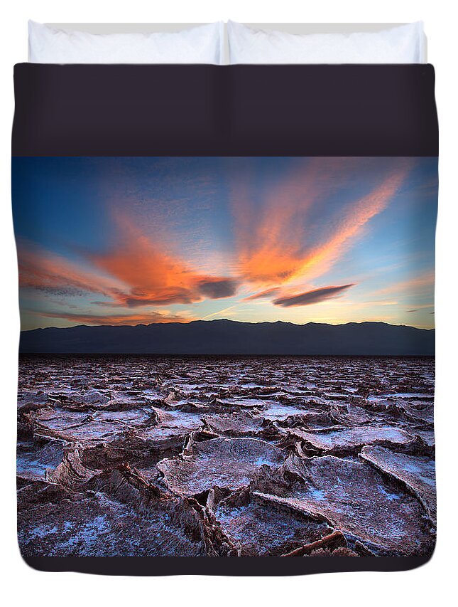 Badwater; Below Sea Level; Death Valley; Landscape; Minus 282; Mud; National Park; Ridges; Salt; Salt Pan; Sunset; Duvet Cover featuring the photograph Fire in the Sky and Embers Down Below by David Andersen