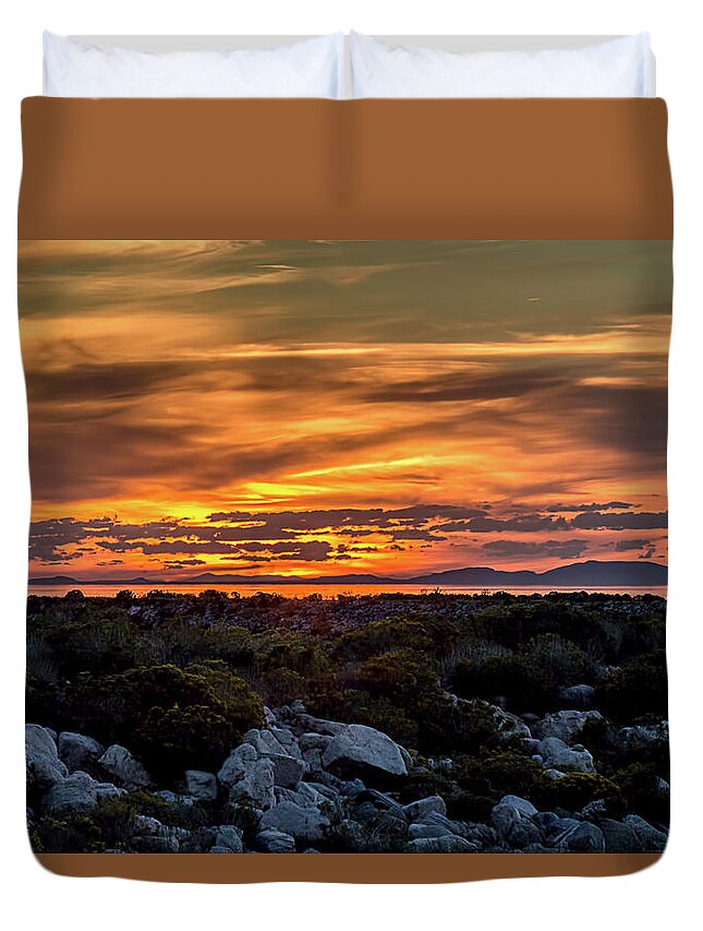 Antelope Island Duvet Cover featuring the photograph Fire in the Sky by Teresa Wilson