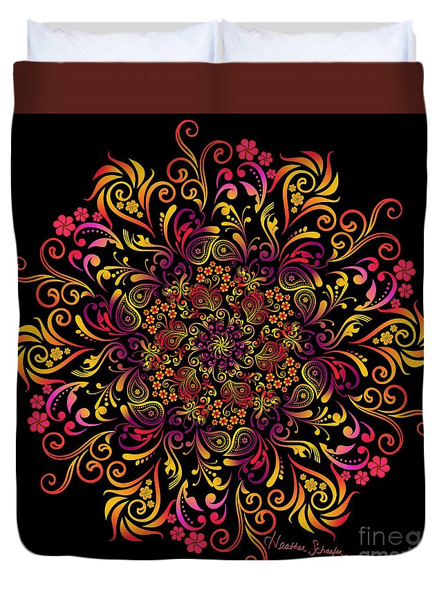 Sales Duvet Cover featuring the digital art Fire Swirl Flower by Heather Schaefer