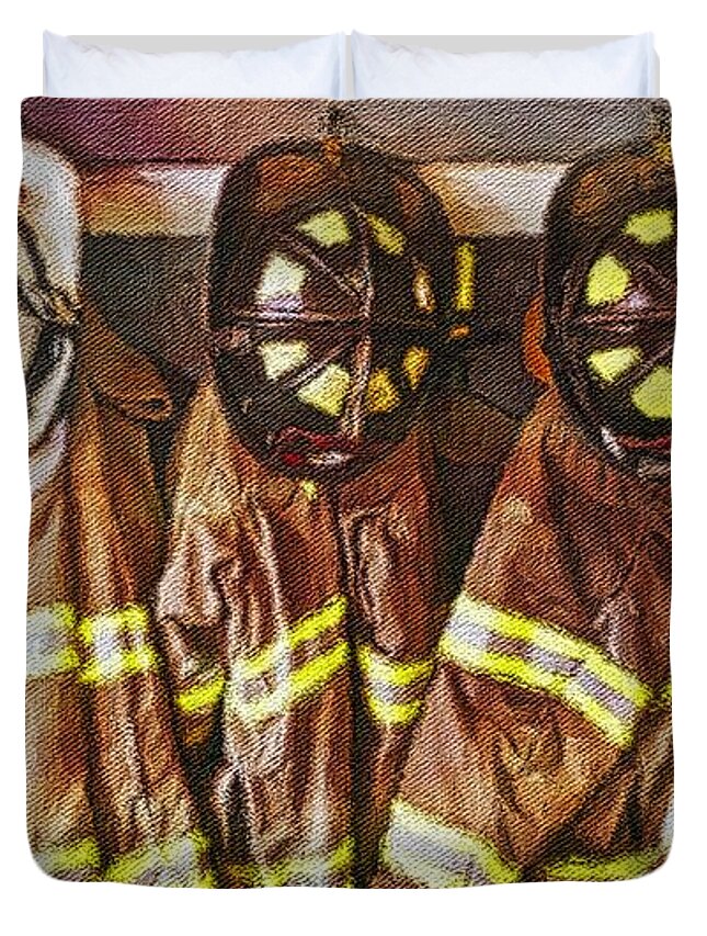 Firefighters Uniforms Duvet Cover featuring the painting Firefighters Uniforms by Joan Reese