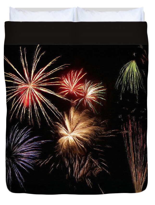 Fireworks Duvet Cover featuring the painting Fireworks by Jeffrey Kolker