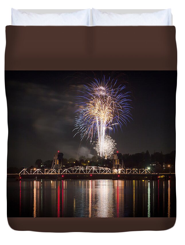 Lc Valley Duvet Cover featuring the photograph Fireworks over the Blue Bridge by Brad Stinson