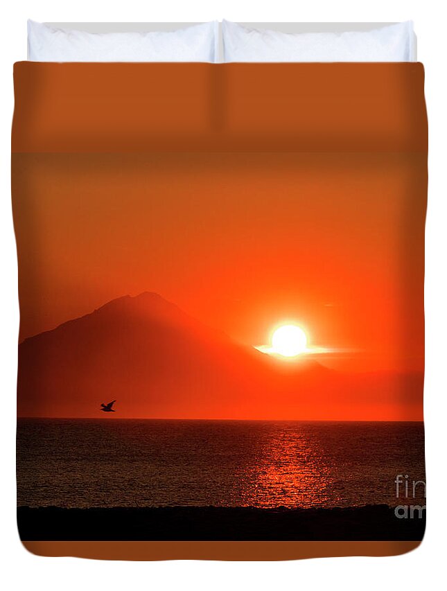Sunset Duvet Cover featuring the photograph Firey Sunset on Mt Redoubt Volcano Alaska by Louise Magno