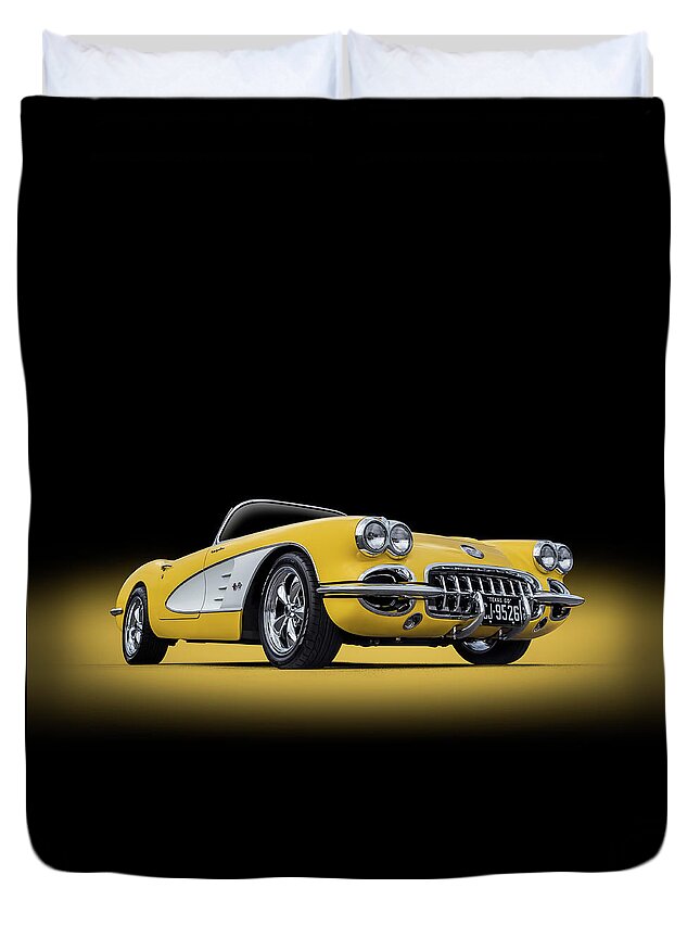 Corvette Duvet Cover featuring the digital art 1960 Yellow and White Corvette Convertible by Douglas Pittman