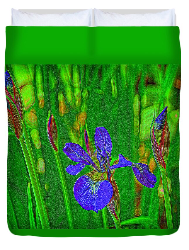 Iris Duvet Cover featuring the photograph First Iris to Bloom by Dennis Lundell