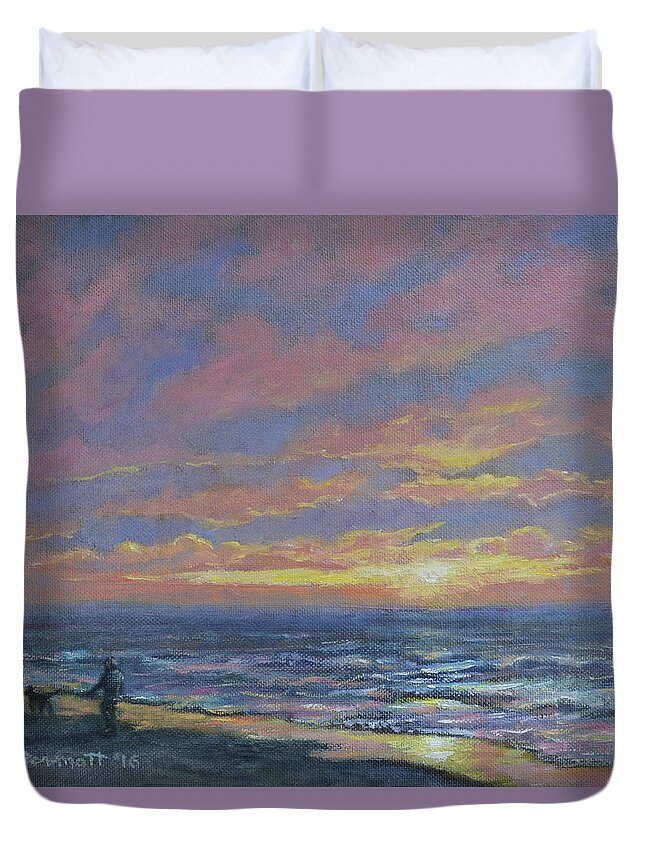 Beach Duvet Cover featuring the painting First Light - Golden Mile by Kathleen McDermott