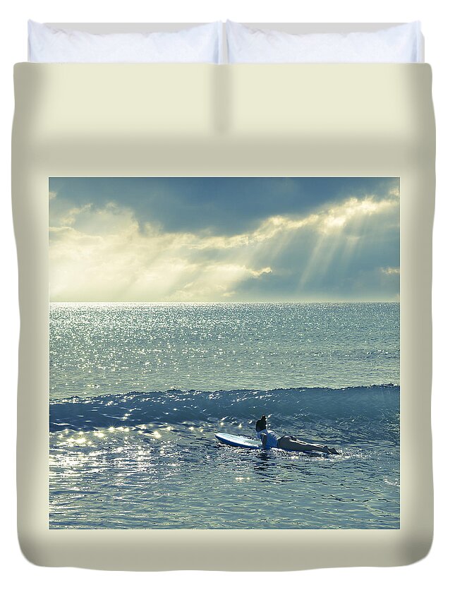 Surfer Duvet Cover featuring the photograph First Of The Day by Laura Fasulo