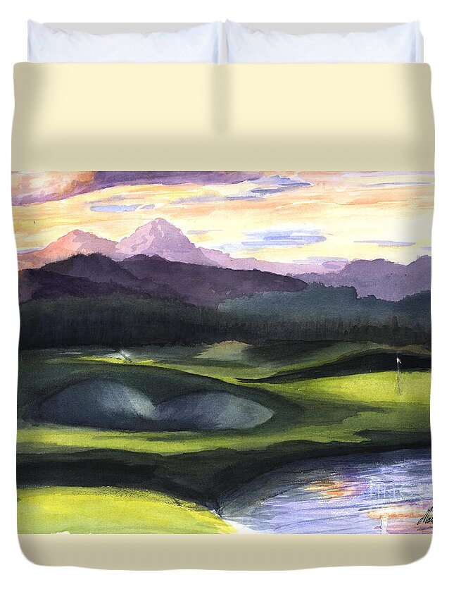 Golf Course Duvet Cover featuring the painting First on the Course by Maria Hunt